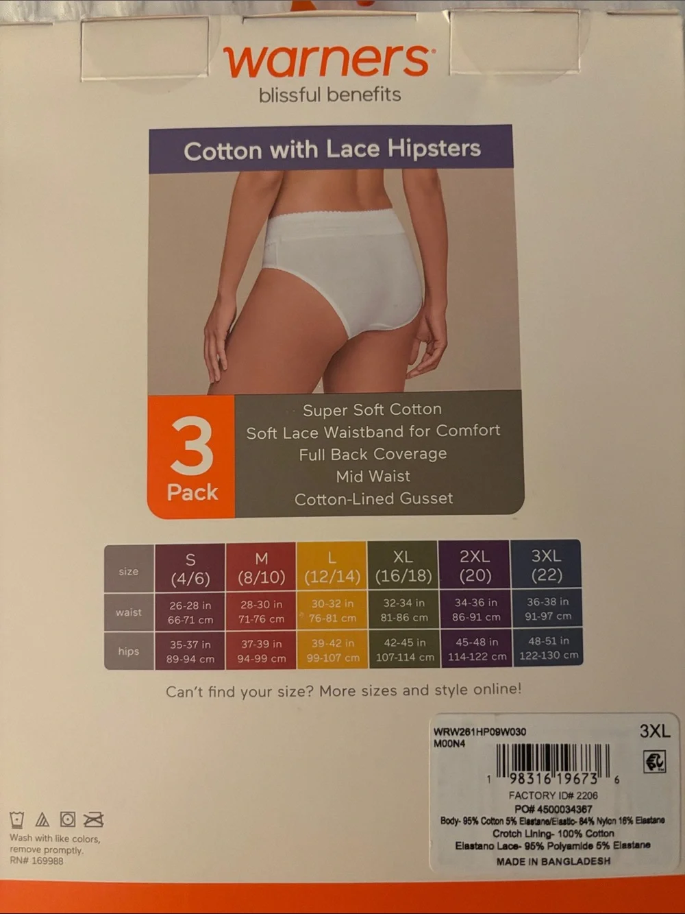 WARNERS COTTON AND LACE HIPSTER PANTIES